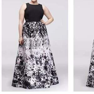 XSCAPE printed satin ball gown with illusion sides